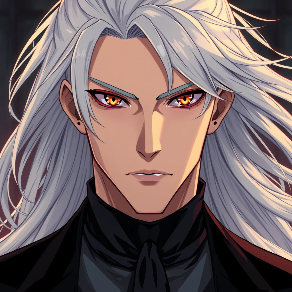 Anime idea created from the prompt: anime style, vibrant colors, expressive eyes, 27-year-old tall muscular man, long white hair, amber eyes, pale skin, sharp masculine face, d