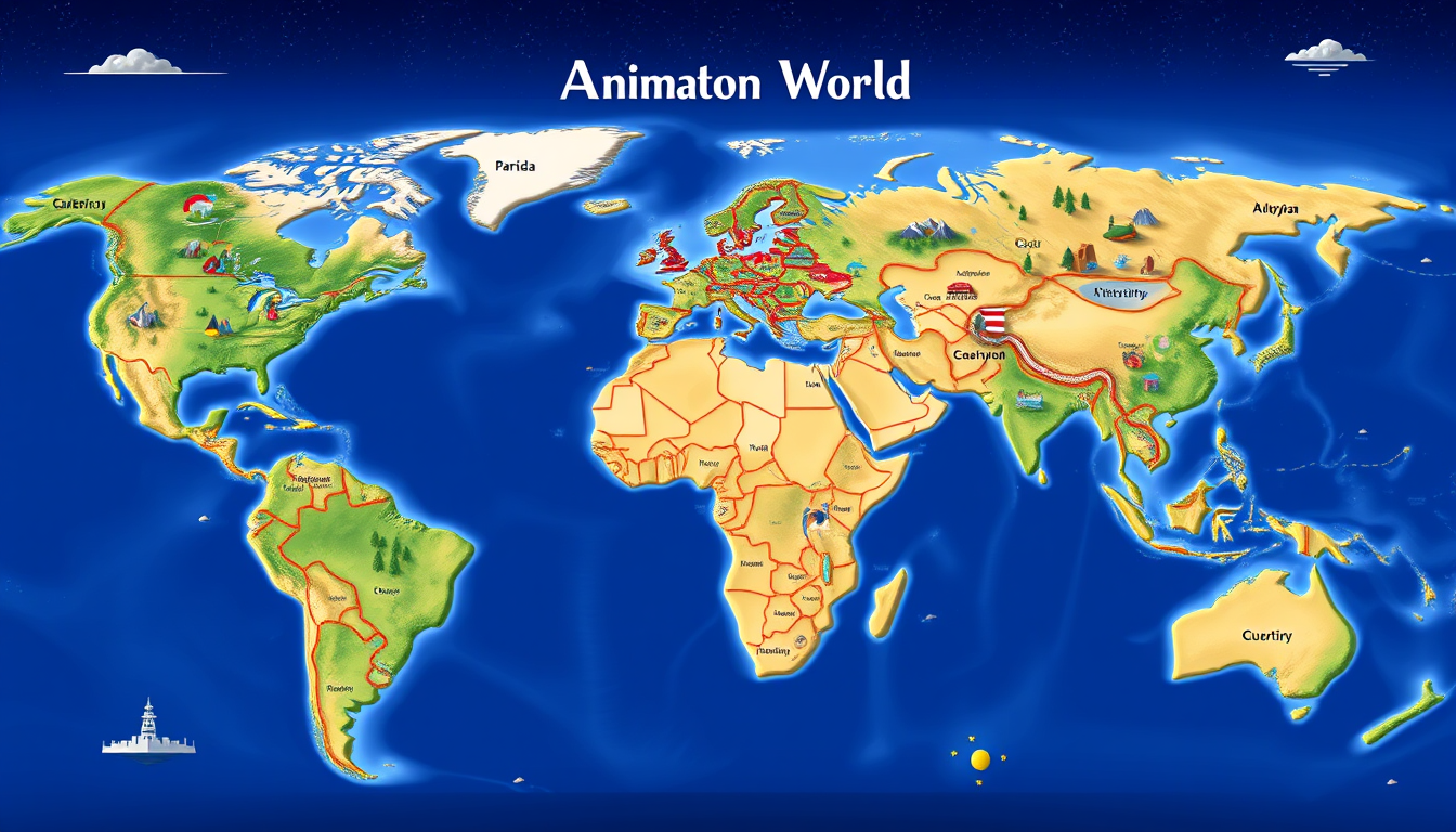 Fantasy Maps idea: a readable fictional world map with coherent coastlines, terrain regions, routes, and landmarks, deliberate composition, AnAnimation World is a world