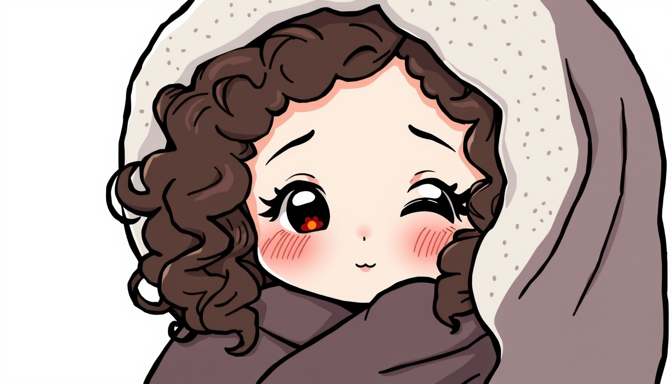 Main art studio: Draw a image of a girl with curly and dark brown hair in the kawaii style, her face need to be stylized kawaii. The girl is in a blanket, like a burri