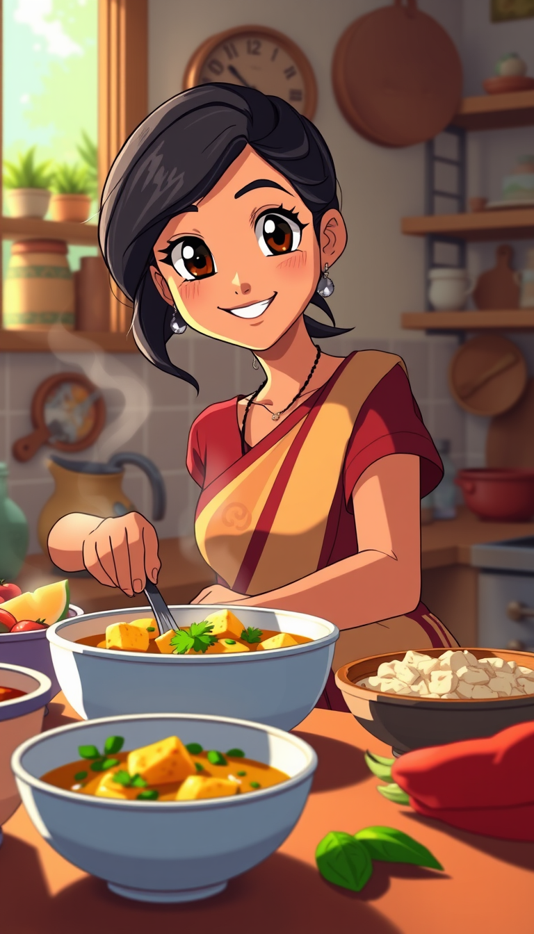 Anime idea: anime style, vibrant colors, expressive eyes, Ananya, same character as the reference image, cooking paneer butter masala in a cozy Indian home kitche