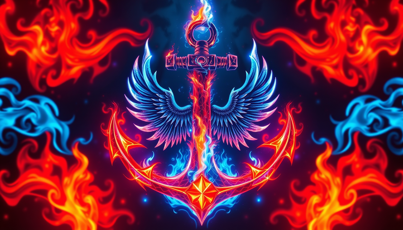 AI Art prompt example created from the prompt: can you make a flaming anchor whit red and blue falmes and both red and blue falmes has to burn and make it vary cool