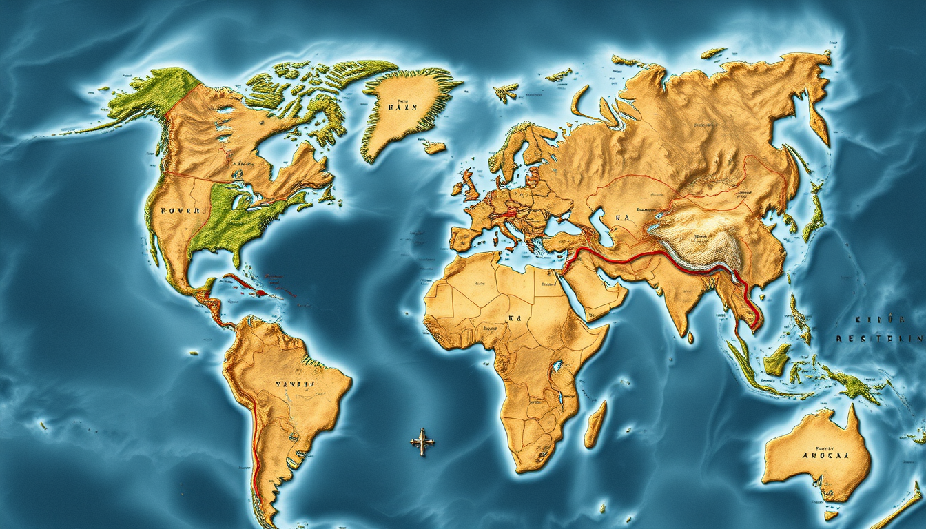 Fantasy Maps idea: a readable fictional world map with coherent coastlines, terrain regions, routes, and landmarks, deliberate composition, أريد تصميم خريطة العبه الطريق