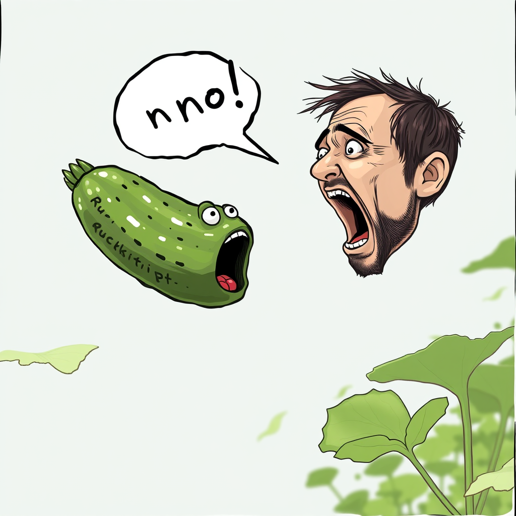 Main art studio: A man yells “No, no!” at the flying cucumber with the words “Rücktritt” written on the CUCUMBER