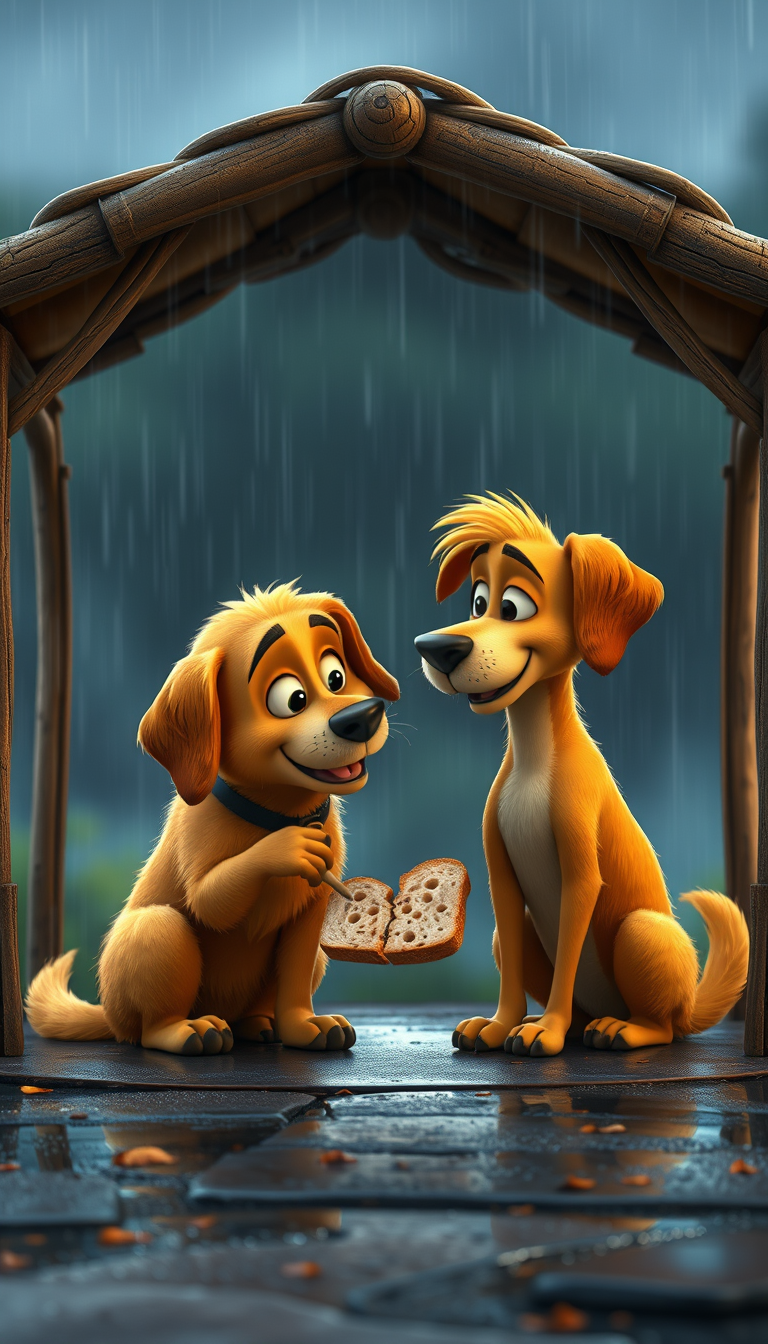 Main art studio: The same big golden-brown dog Bruno sitting beside the smaller skinny light-brown dog Max under a small shelter during a rainy evening, Bruno has brok