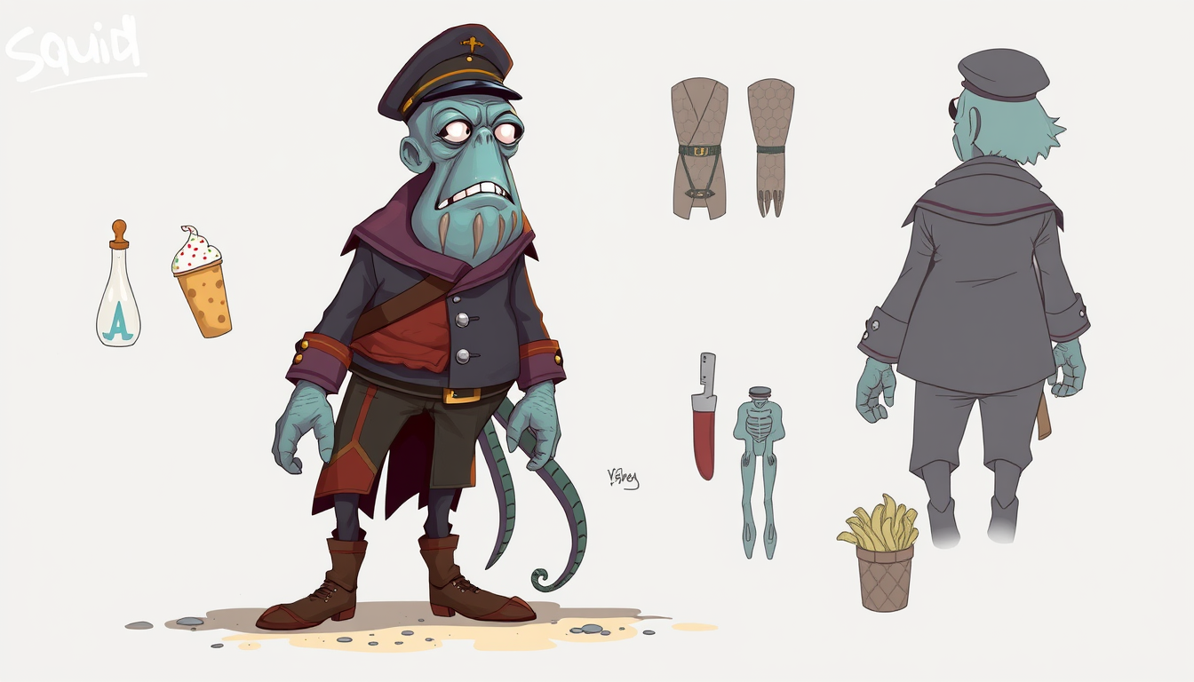Characters idea: original character design, detailed outfit and accessories, expressive personality, Squid, hes a dad, hes fat, has 8 legs, has a captain hat, lives on