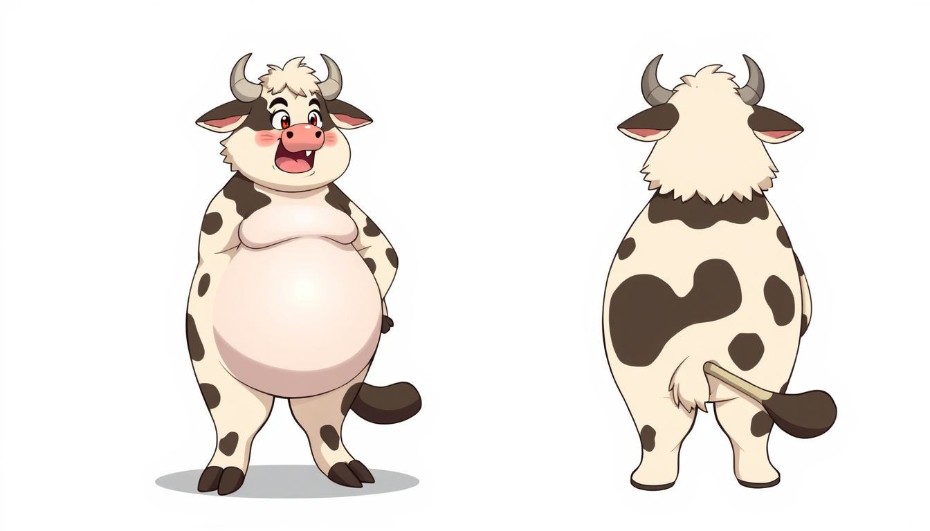 Fursona idea created from the prompt: fursona character, anthropomorphic animal design, expressive personality, reference sheet style, obese cow girl , clean fursona illustration