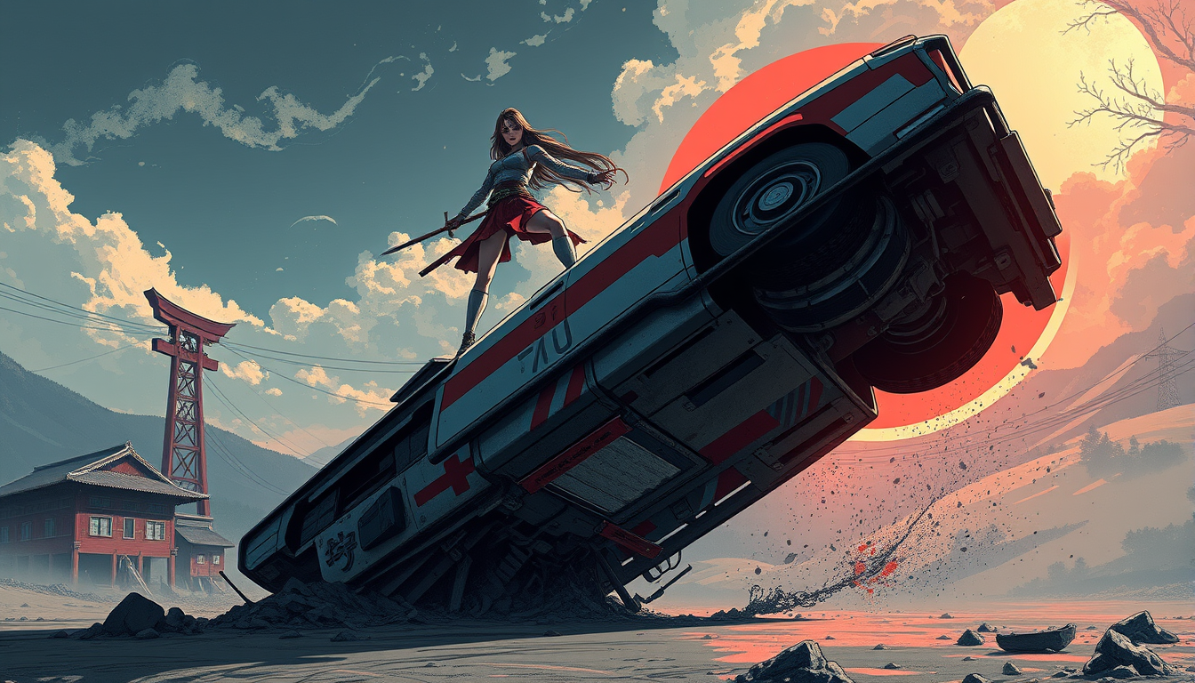 AI Art prompt example created from the prompt: a female warrior in in a dystopian Japan standing on top of an upside down car painted in an illustrative style