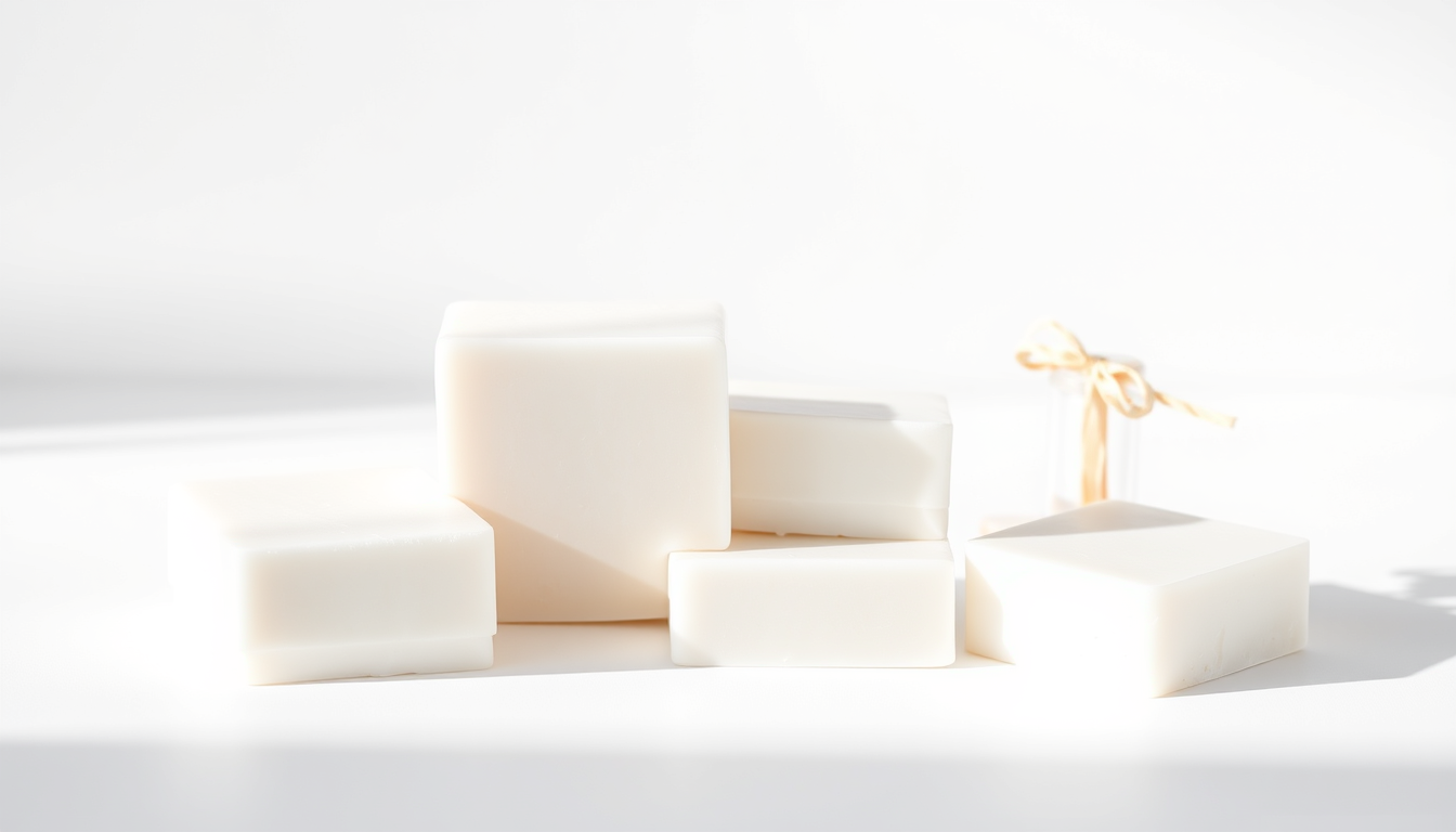 AI Art prompt example created from the prompt: Realistic product photo, four white soap base blocks, 3 together + 1 separated as a gift, clean premium studio background, natural shadows, 
