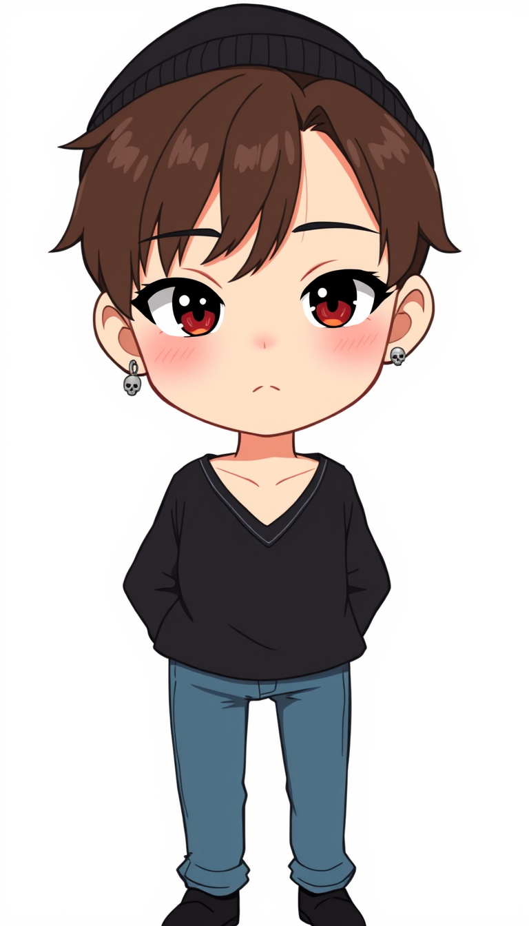VTuber idea: vtuber avatar character, anime style, expressive face, streaming-ready design, male character, slightly feminine. dark brown hair, black shirt with a