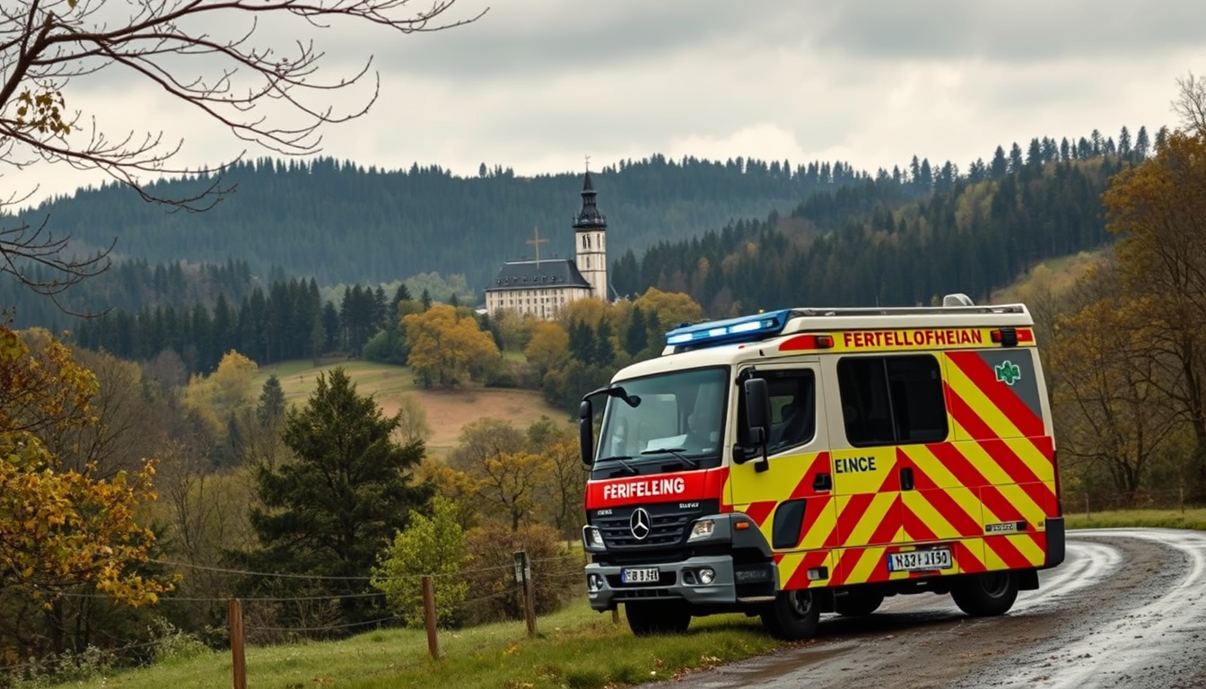 Main art studio: Fotorealistisches Titelbild für eine Freiwillige Feuerwehr in Rheinland-Pfalz. Ländliche Landschaft der Vulkaneifel bei Leimbach nahe Adenau, Wald und