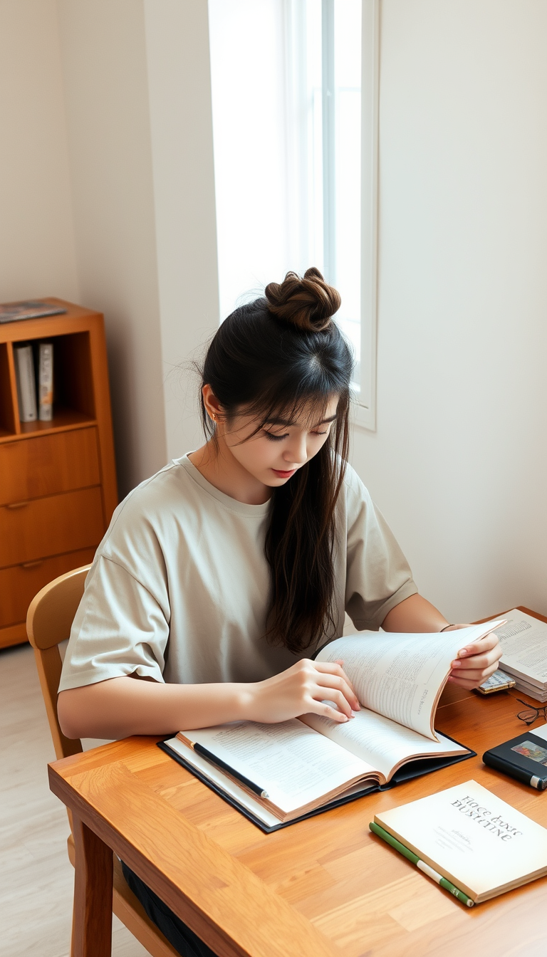 Main art studio: Realistic smartphone photograph of a female student sitting at a simple wooden study table in an ordinary home, opening an open notebook to begin stud