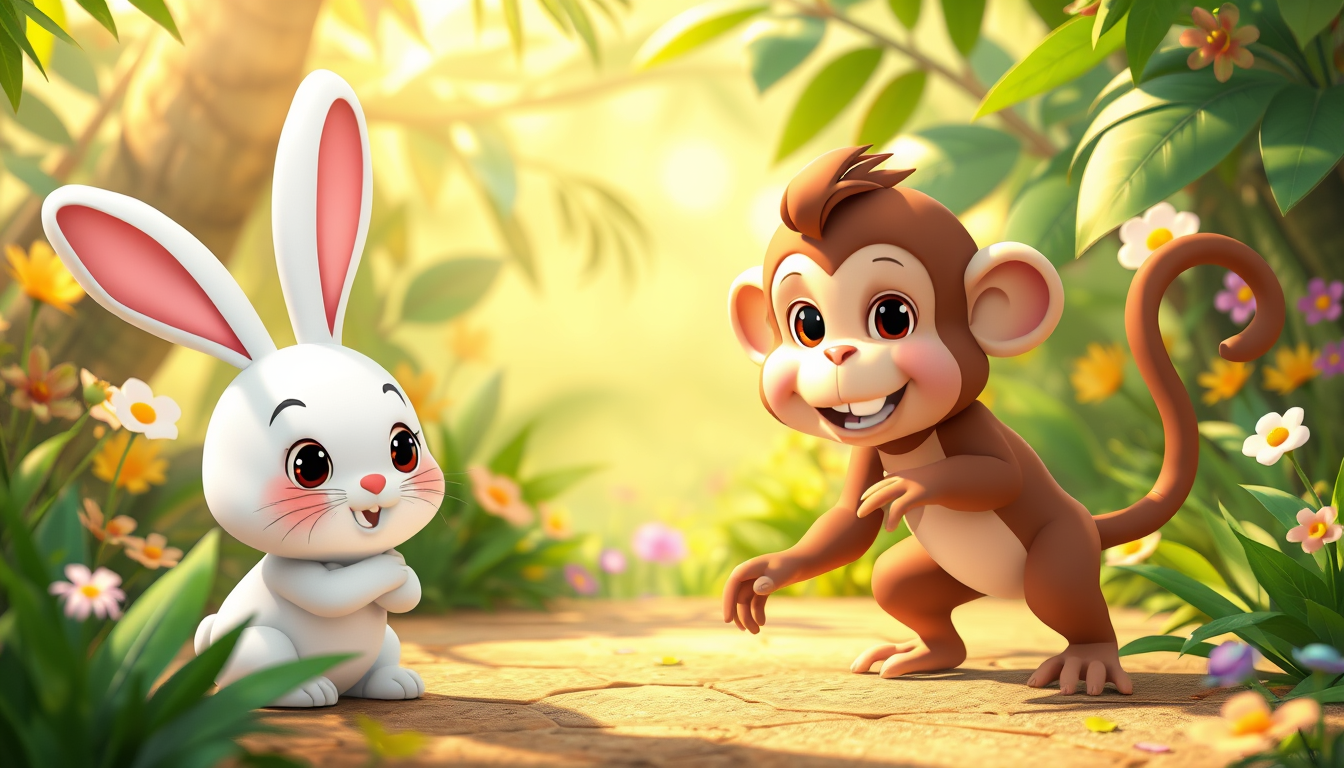 Main art studio: Prompt वाले बॉक्स में यह कॉपी करके डालिए: Cute 3D animated cartoon style, a friendly white rabbit and a playful brown monkey in a beautiful lush green