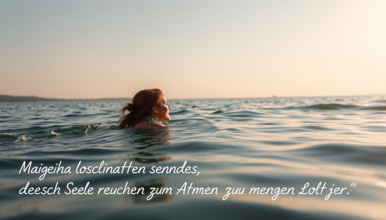 Main art studio: Schreibe diesen Spruch in ein Bild von einer Frau, die gerade aus einem Wasser (See) auftaucht und nach Luft holt: „Manchmal ist Loslassen nichts ande