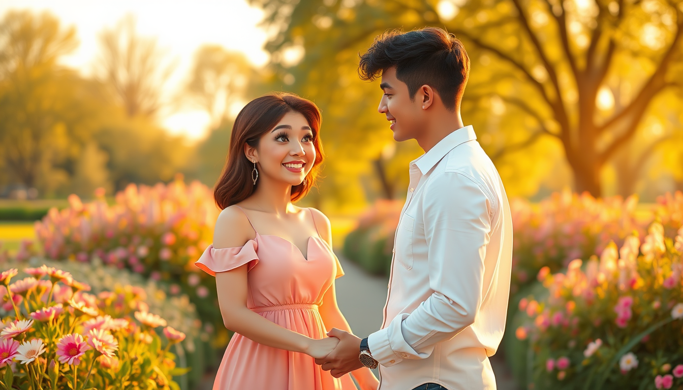 Main art studio: romantic portrait of a happy young couple in a beautiful park at golden hour. The woman is slightly chubby with fair skin, wearing a pastel dress and 