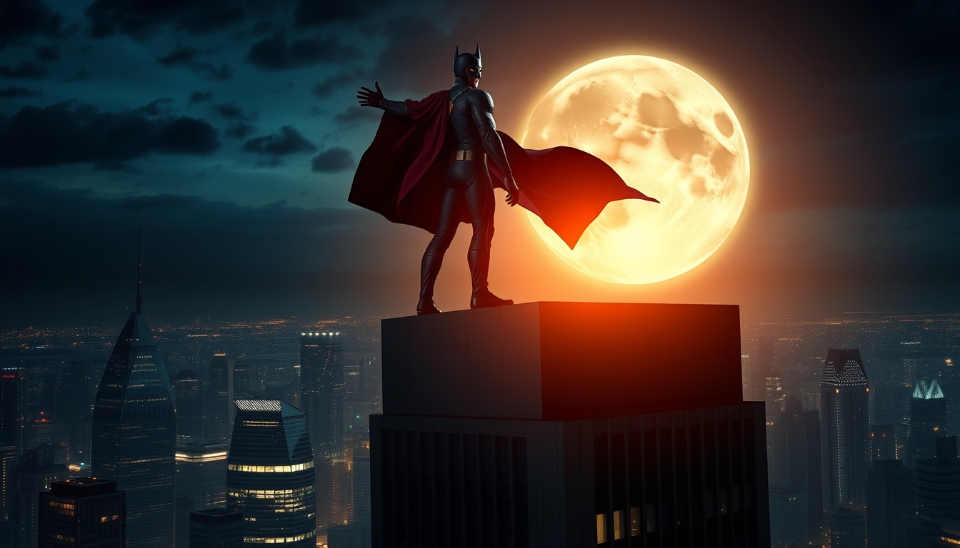 Main art studio: “A cool superhero standing on top of a tall city building at night, dramatic moonlight, glowing city lights, cinematic movie-poster style, realistic,