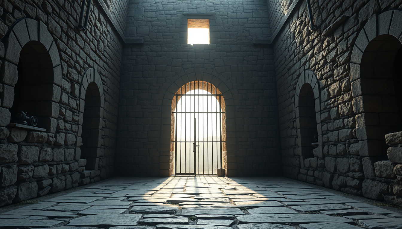 Main art studio: Ancient prison made of stone, soft light entering through iron bars, peaceful historical atmosphere, realistic medieval architecture, cinematic docume