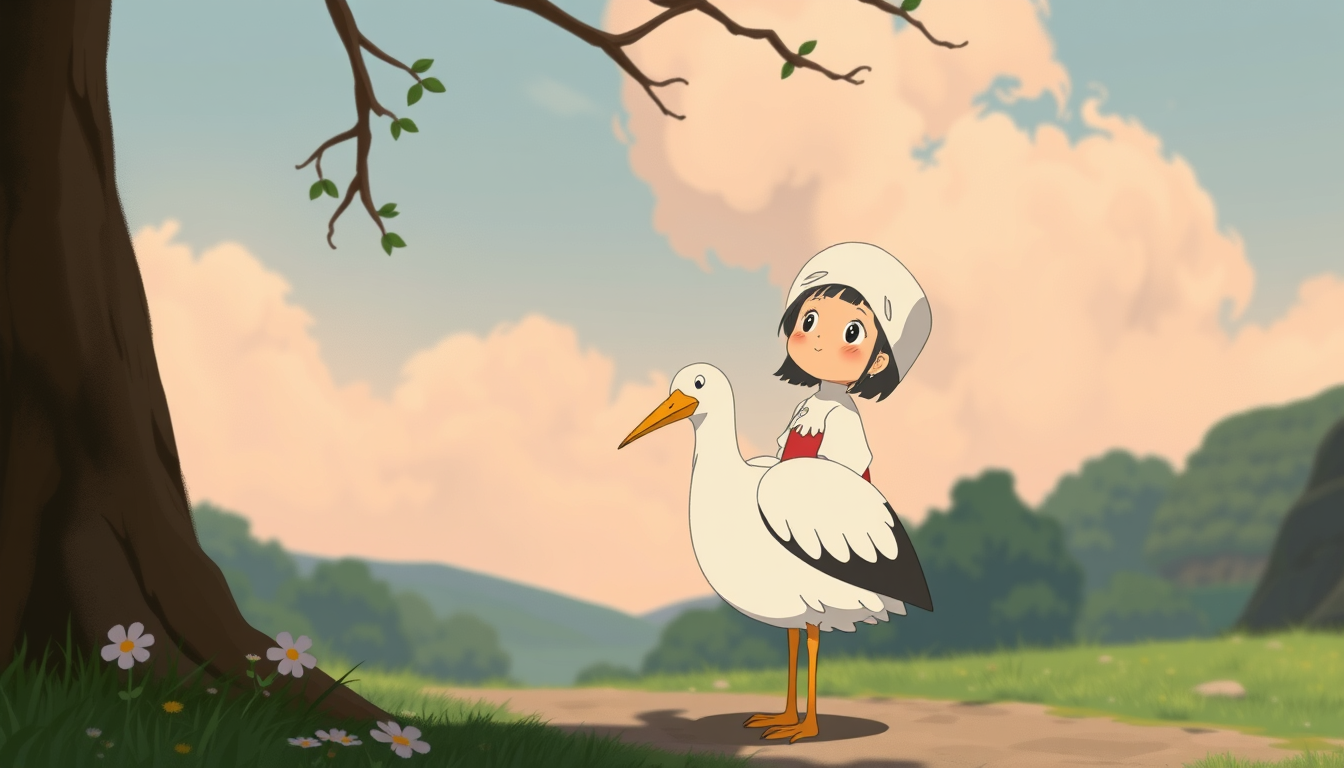 Ghibli idea: Studio Ghibli inspired animation, soft warm color palette, painterly backgrounds, gentle character design, Girl in stork costume Ghibli style , Miyaza