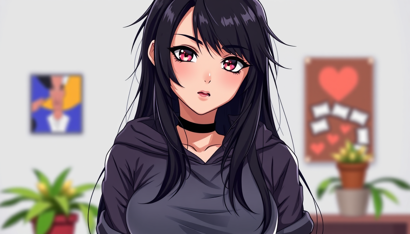 Anime idea: anime style, vibrant colors, expressive eyes, Chica gótica de 18 años, cabello negro azabache largo y desordenado, ojos oscuros con eyeliner grueso, l