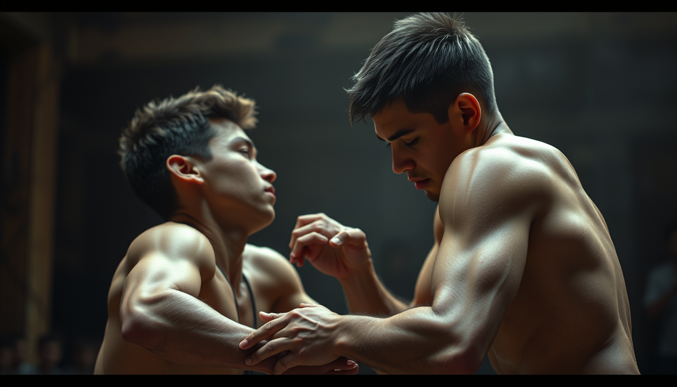 Realistic Images idea: photorealistic generated image, natural materials and skin texture, physically plausible lighting, boys doing wrestling , coherent depth, restrained c