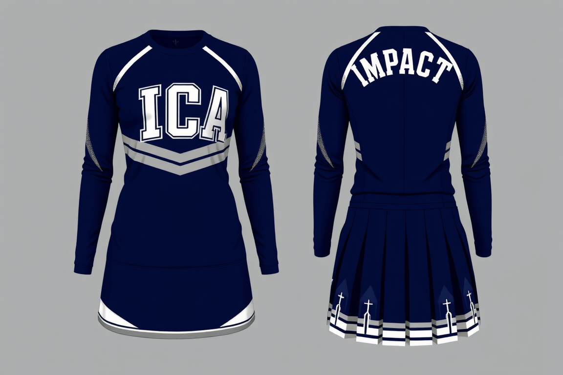 Main art studio: Cheer uniform, detailed and NOT simple. Long-sleeve fitted athletic top with a full-length torso, no exposed belly. Deep navy blue, white & silver. La