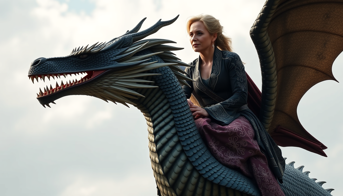 Main art studio: Alice Weidel deutsche Politikerin strahlend sitzend auf ramiras Drachen, house of dragon mit offenemHaar und in den Sachen der Königin ramira staffel