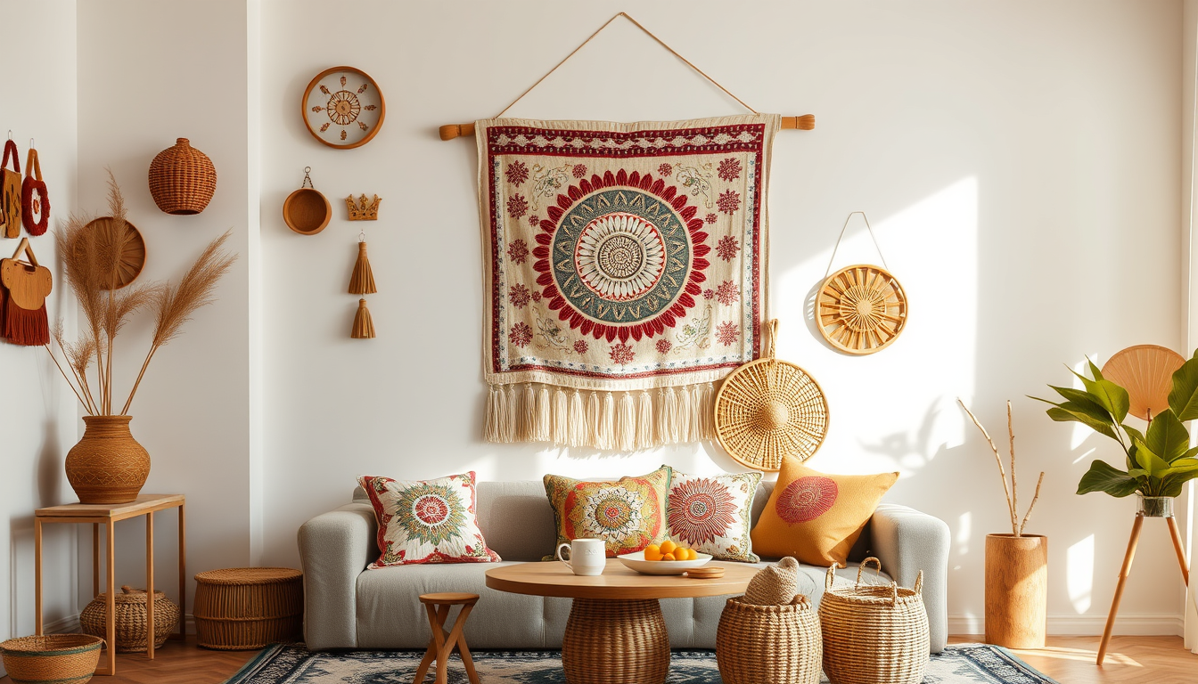Main art studio: A beautiful handmade home decor collection displayed in an elegant cozy room, handcrafted wall hanging, embroidered cushions, decorative baskets, wood