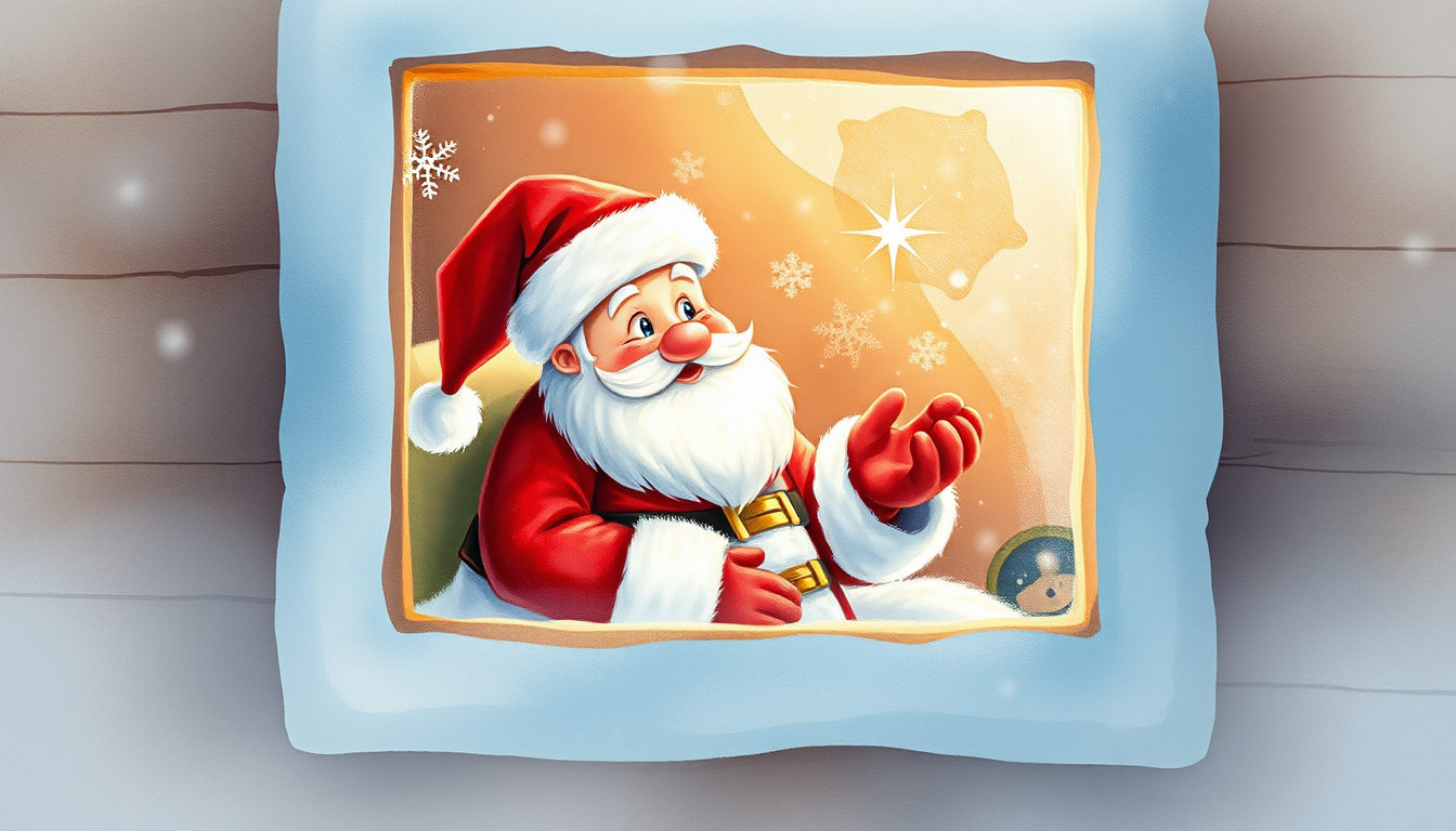 Main art studio: Create a warm, magical watercolor illustration for a children's Christmas book. Santa Claus is inside his cozy North Pole room, looking through a fros