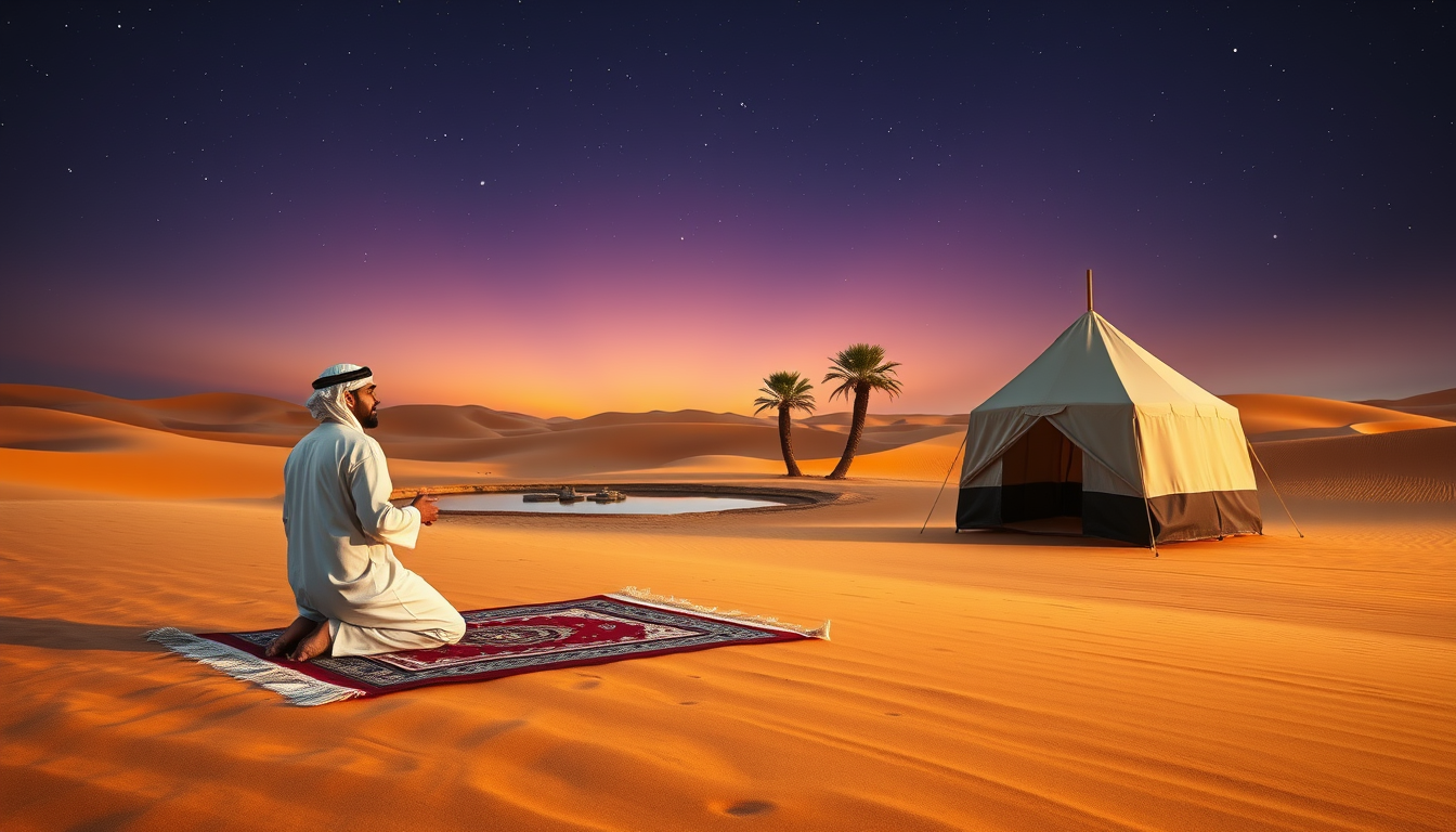 Main art studio: Prompt: A serene and peaceful desert landscape (Maghrib twilight time), showing a Muslim man in white thobe and traditional headwear performing sujud