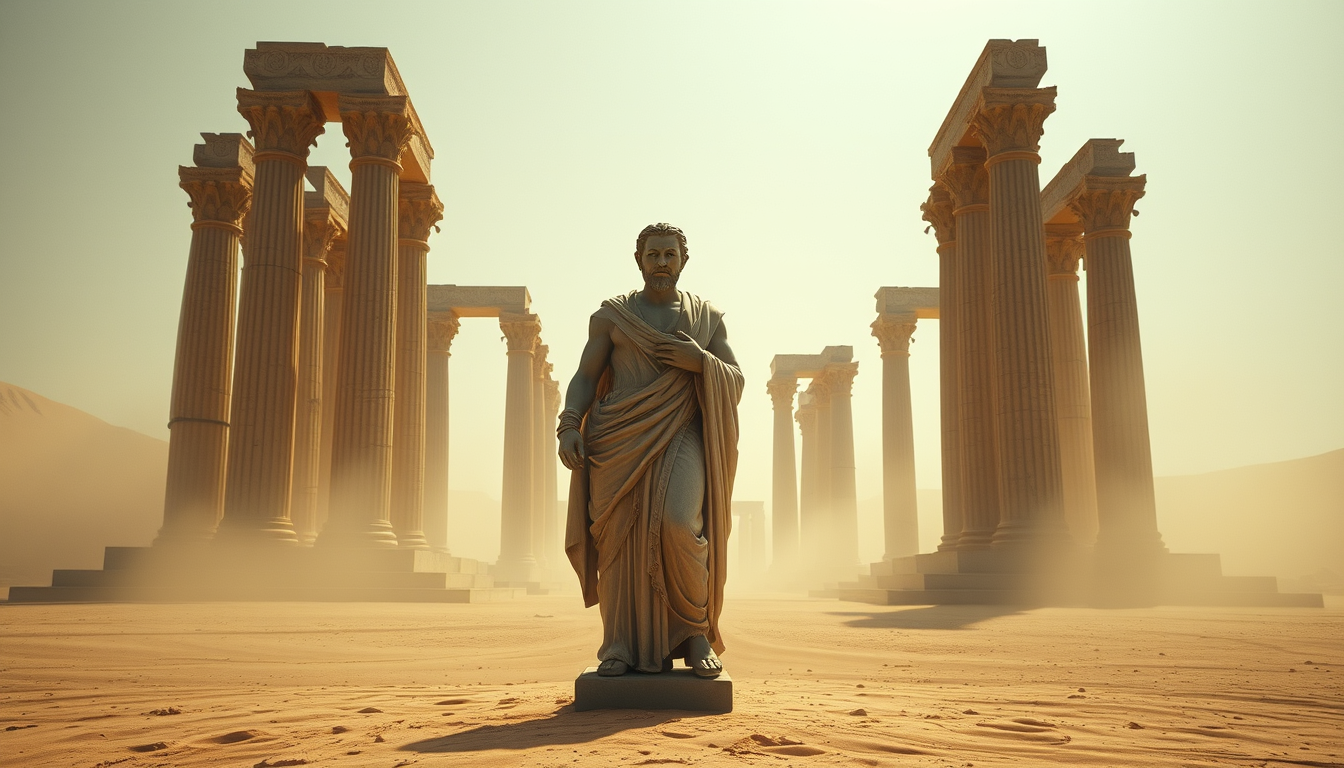 Main art studio: Ancient Greek philosopher marble statue standing alone in an ancient desert, massive ruined stone columns behind him, endless golden sand, dusty atmos