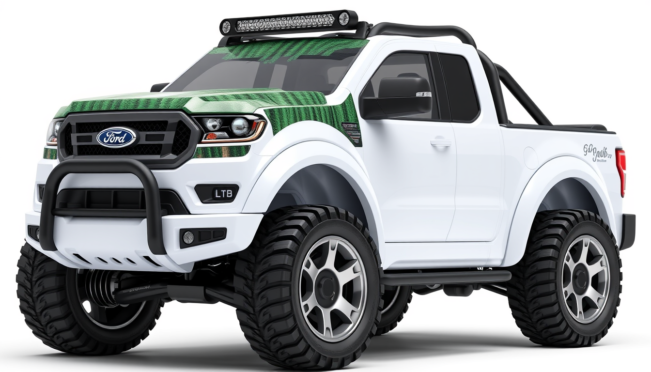 Main art studio: Create an ultra-detailed 3D render (face side) of a children's toy Ford pickup truck. White glossy plastic body with rounded edges, oversized wheels.F