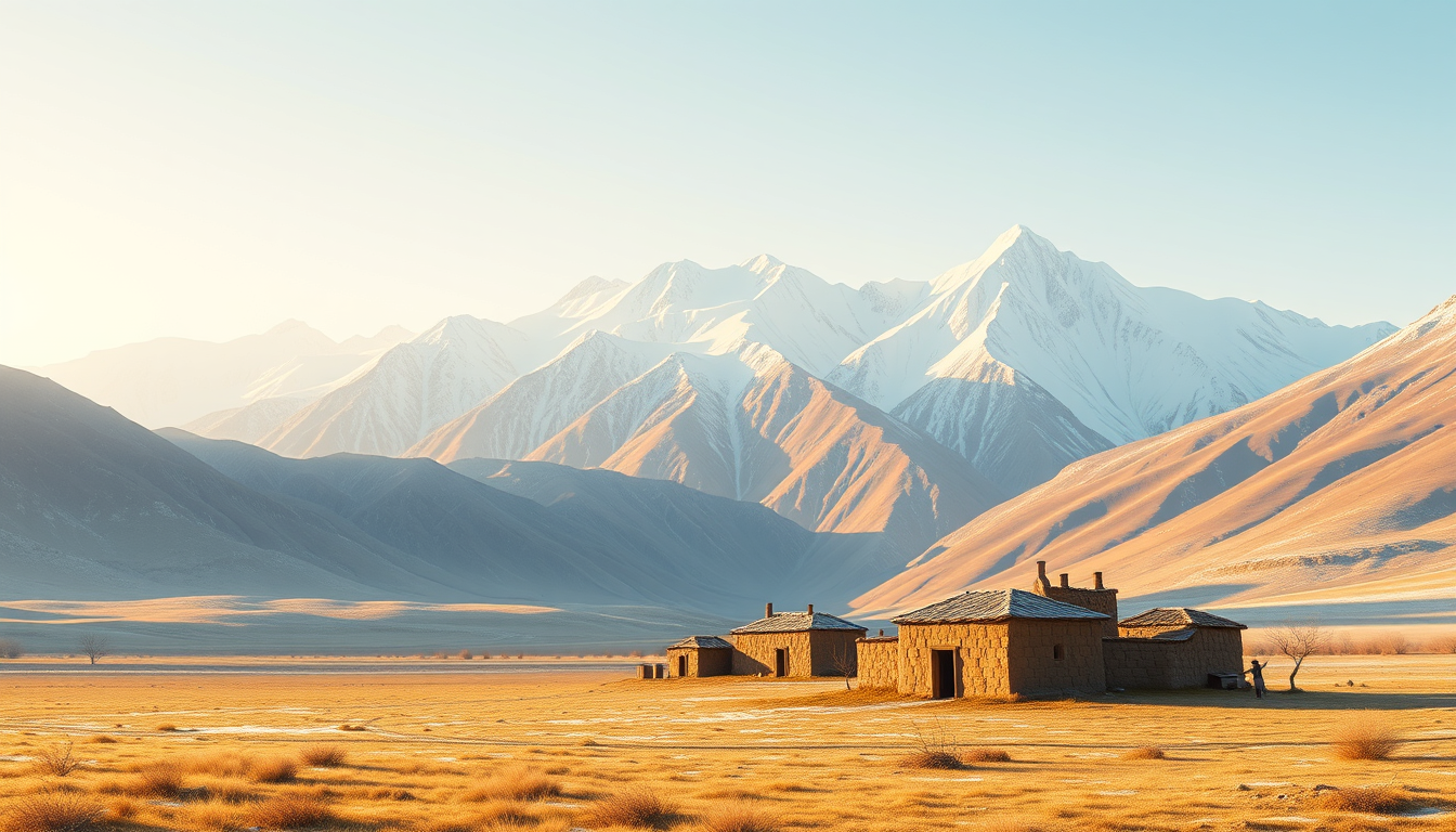 AI Art prompt example created from the prompt: Wide horizontal 16:9 children’s book illustration. Kesh, Central Asia, April 1336. Vast valley, majestic snowy mountains, very early spring,