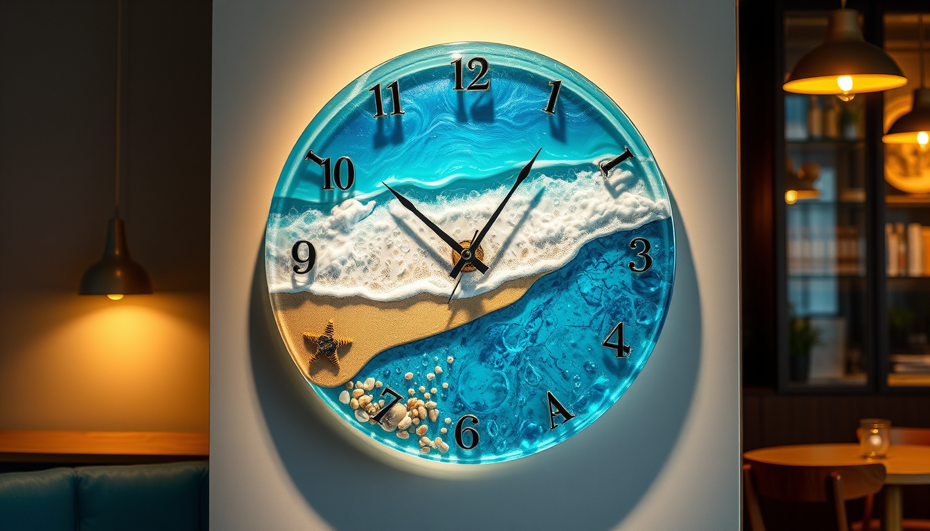 Main art studio: A beautiful resin wall clock with a realistic ocean and beach design, blue sea waves, sandy beach, seashells and small stones, glossy clear resin, han