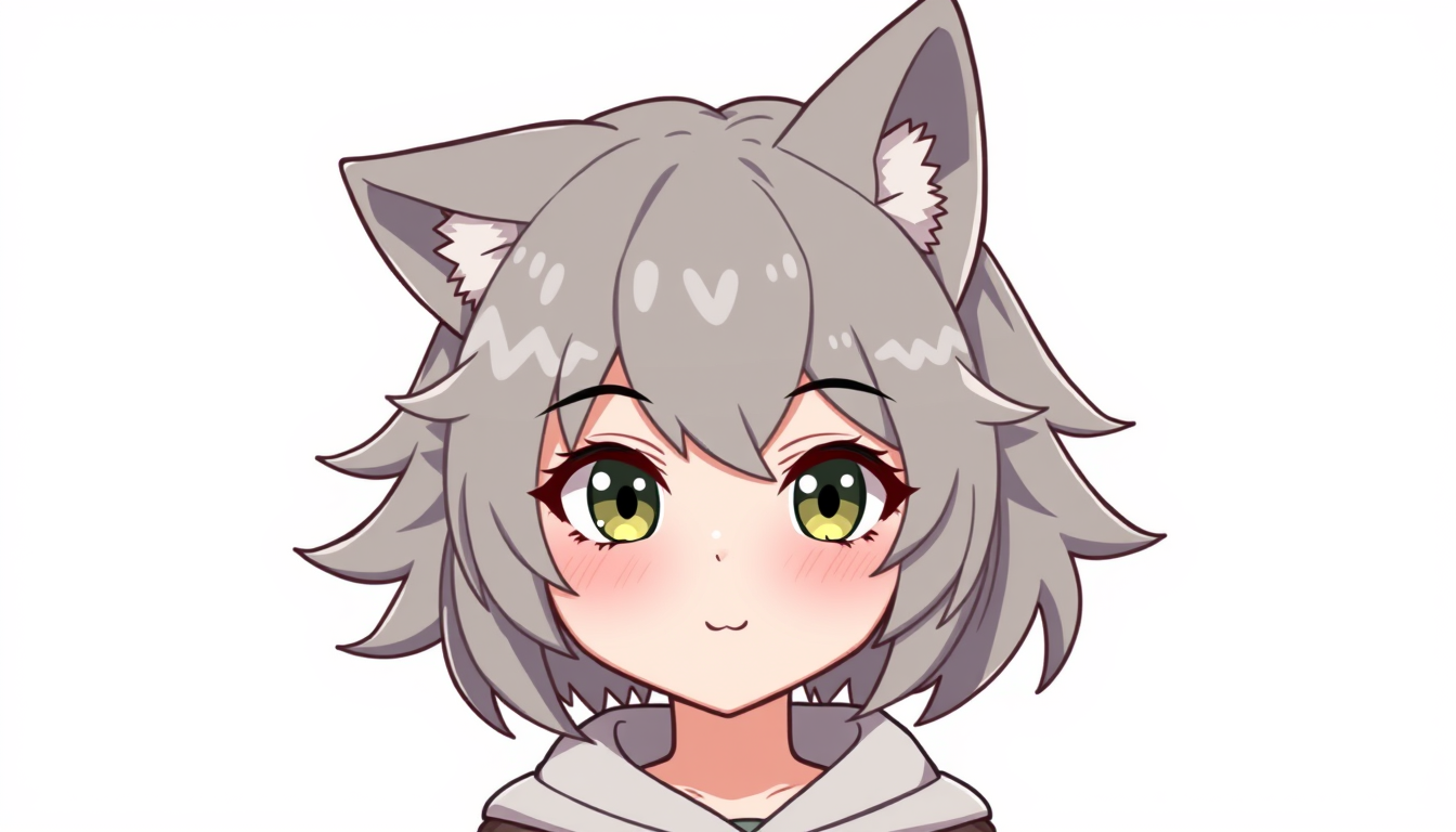 VTuber idea: vtuber avatar character, anime style, expressive face, streaming-ready design, a wolf girl with grey ears and a wolf on her top , clean vtuber model i