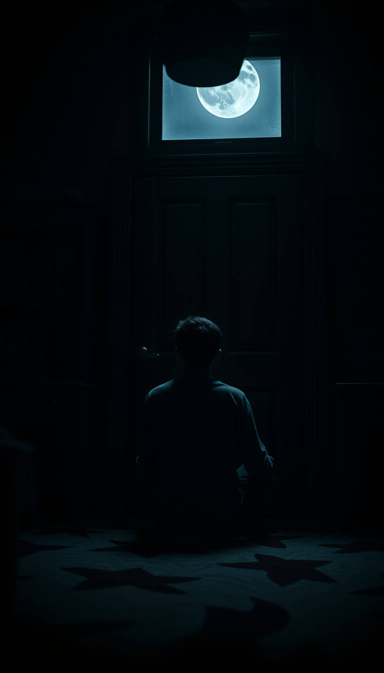 AI Art prompt example created from the prompt: A terrified young man sitting upright in a dark bedroom at exactly 3:17 AM, staring at an old wooden bedroom door, pale moonlight coming thr
