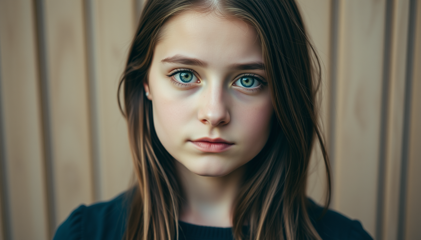 Main art studio: Ein Mädchen namens Andreea, 14 Jahre alt, mit grün-braunen Augen und mit hüftlangen, braunen haaren und hellem Haut Typ