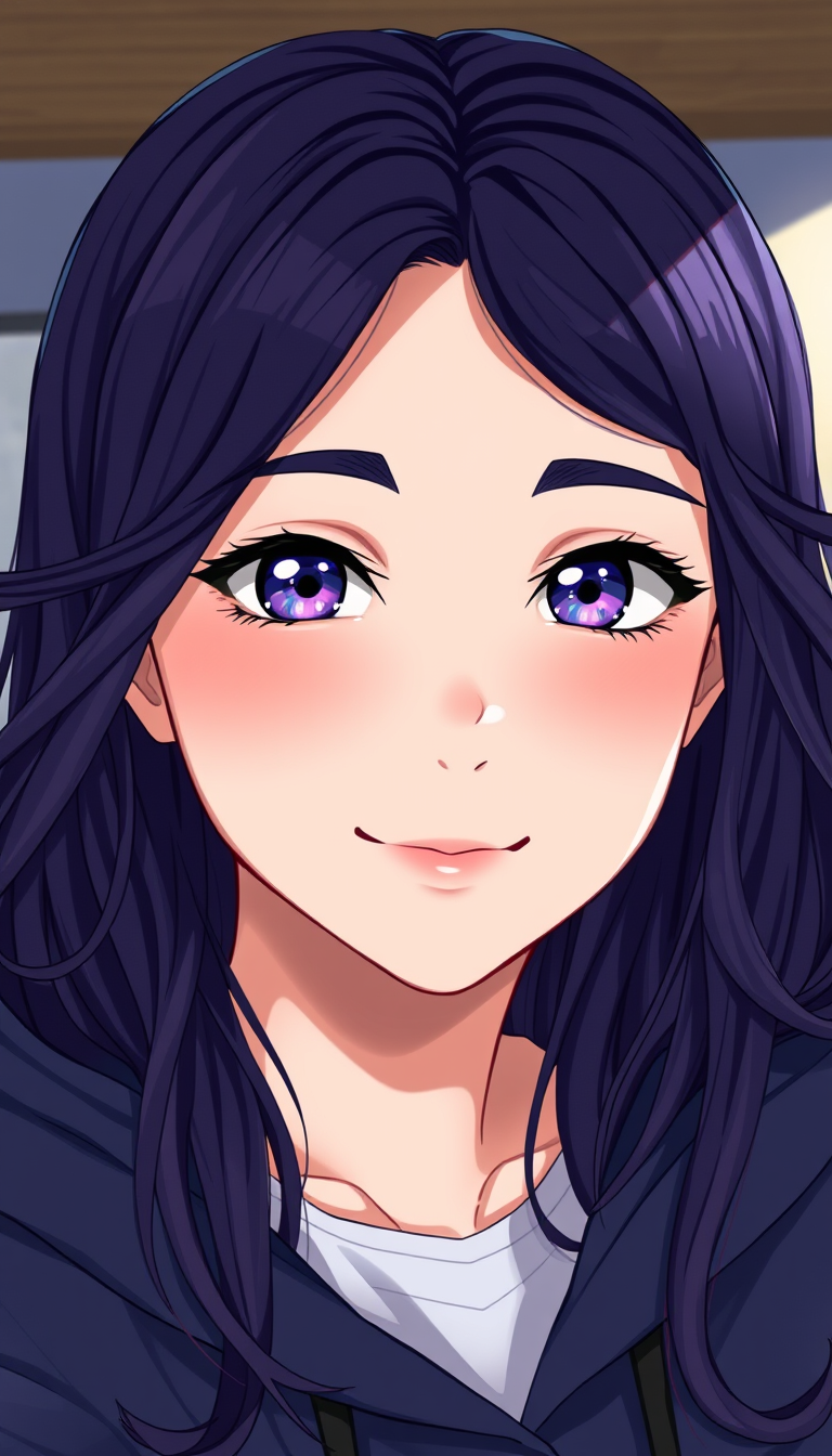 Anime idea: anime style, vibrant colors, expressive eyes, Young Russian woman, 20 years old, long wavy dark violet hair, violet-blue eyes, warm intelligent face,