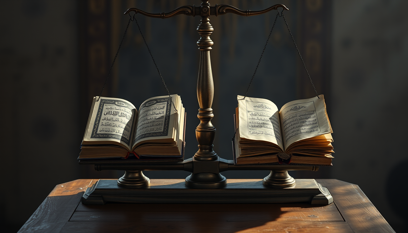 Main art studio: An old balance scale standing on an ancient wooden table, one side containing an open Quran and authentic Islamic books, the other side containing mys