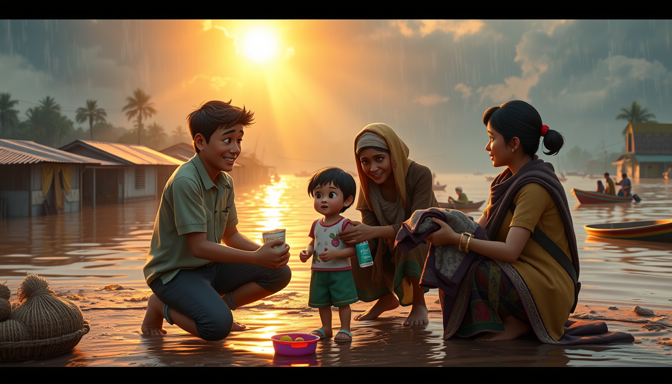 Main art studio: A touching 3D animated humanitarian relief scene. Jai kneeling while handing food packets to two hungry children, another volunteer giving drinking wa