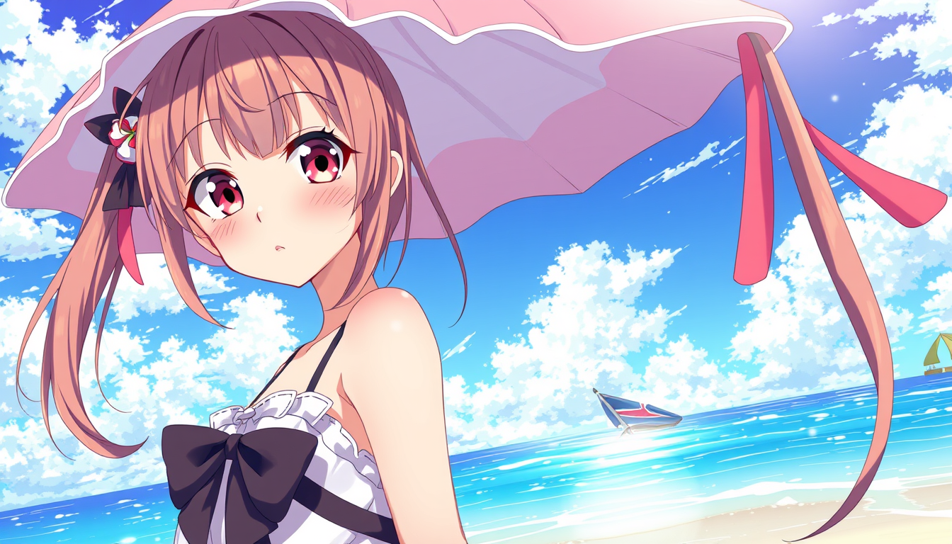 Anime idea: anime style, vibrant colors, expressive eyes, Mitsuri at the beach , detailed anime illustration