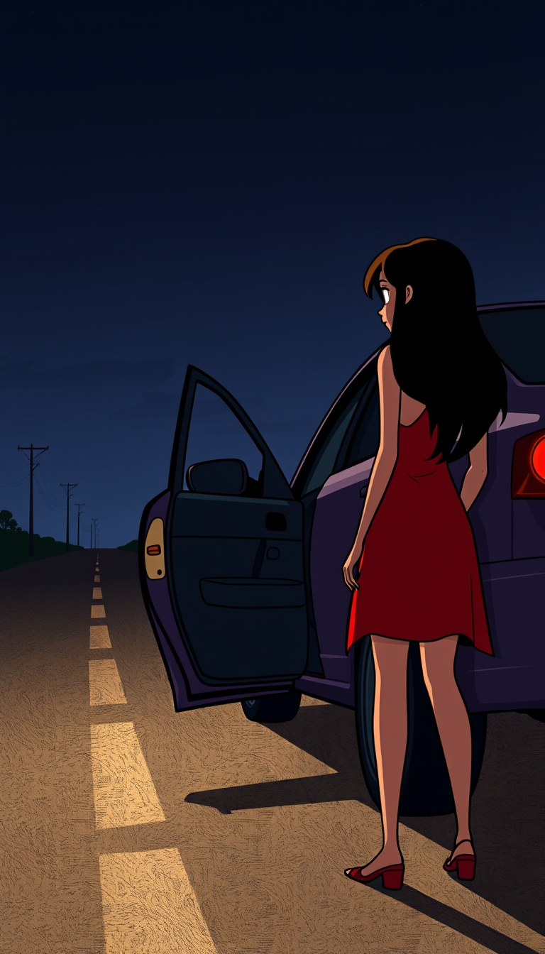 Main art studio: Anaya standing beside Sameer's stopped car, asking him for a ride home, Sameer looking at her with curiosity and slight fear, deserted road at midnigh