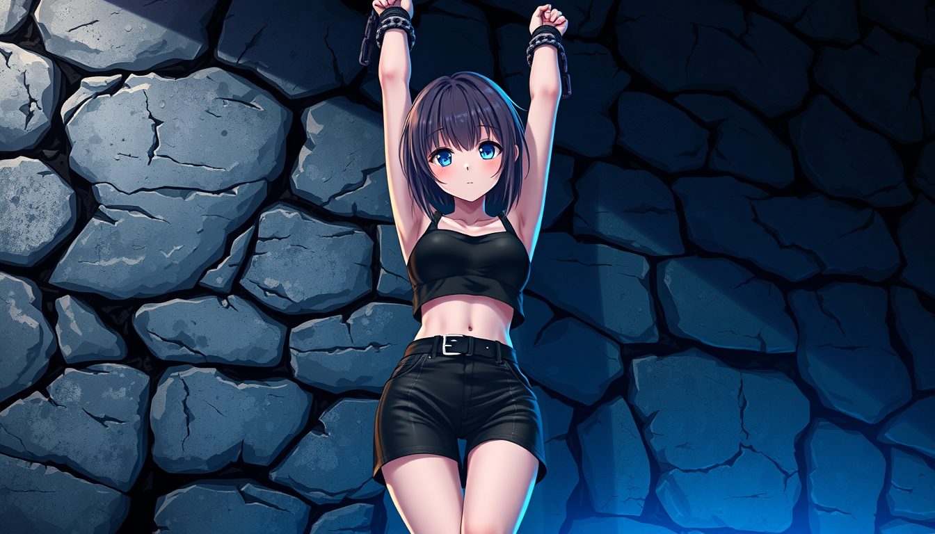 Main art studio: A detailed anime-style illustration of an adult anime girl wearing a black cropped top and short shorts, restrained against a rough grey stone wall by