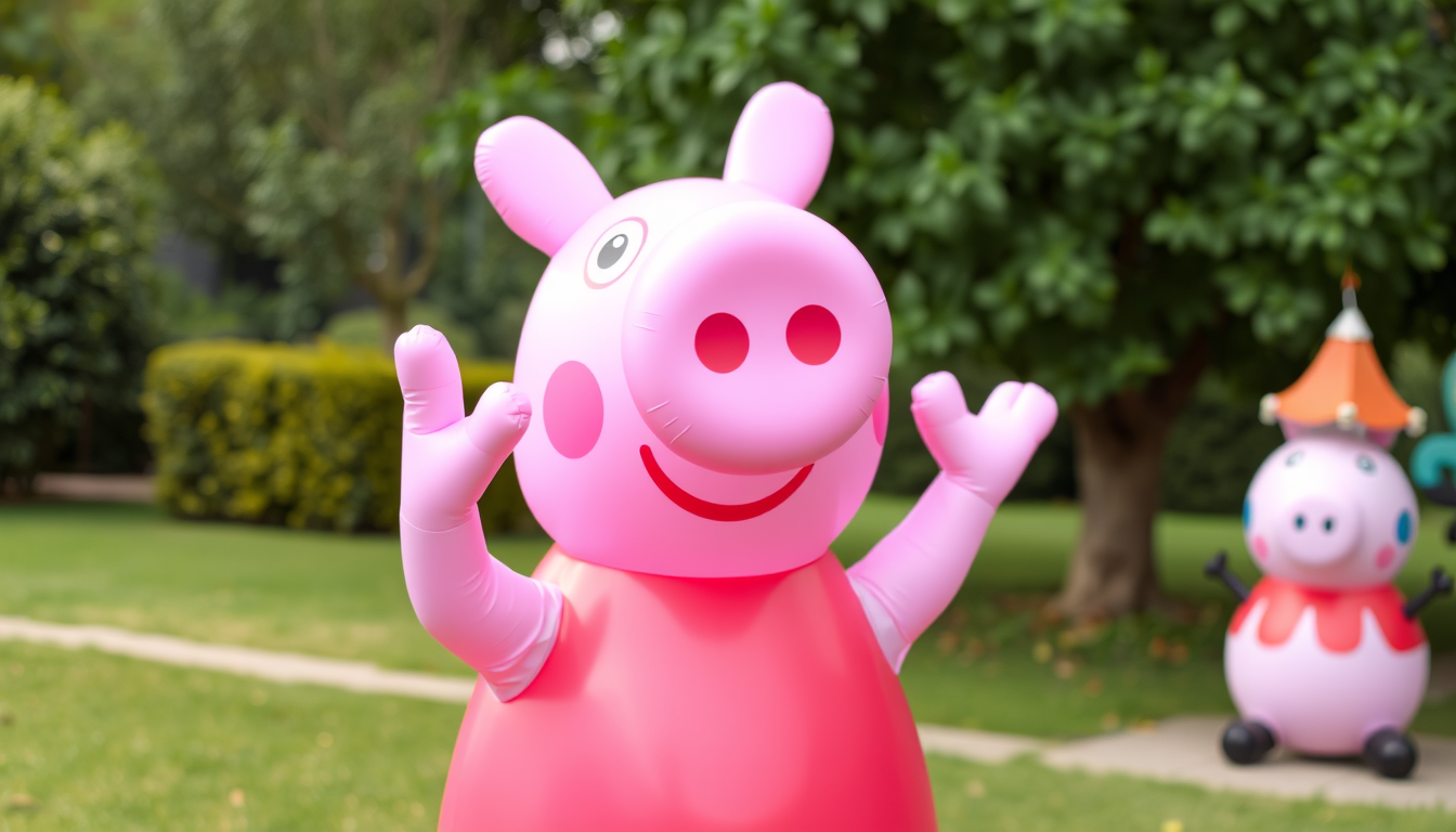 Main art studio: Inflatable Peppa Pig with finger your lips and snap your fingers.