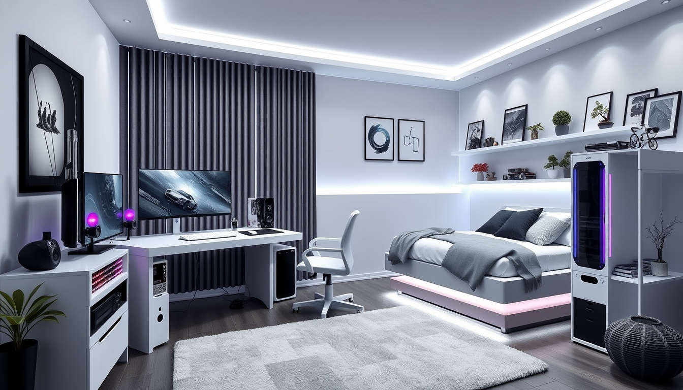 Main art studio: Photorealistic square 10×10 ft bedroom gaming setup matching the last design. Black-and-white futuristic aesthetic, compact white standing desk, 40-in