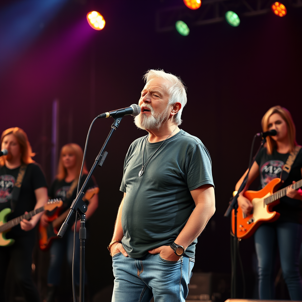 Main art studio: a ageing white rock singer in t-shirt and jeans with shortish grey receding hair and a small beard, standing on stage at a microphone singing. behind