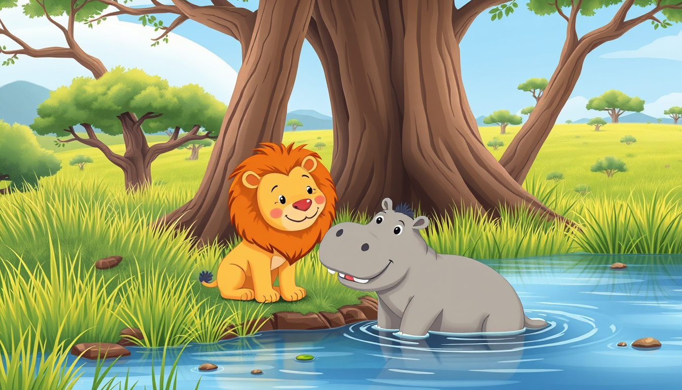 Main art studio: Illustration d’un livre pour enfants : un lion gentil à la belle crinière dorée et un hippopotame gentil de couleur grise sont amis près d’une rivière