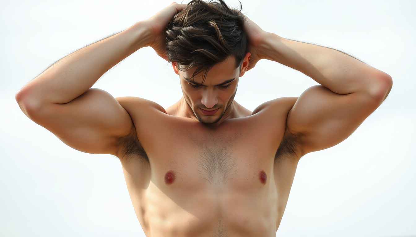 Main art studio: Un homme jeune tout nu, musclé, avec un bras derrière la tête, en érection, avec des poils d'aisselles et des poils pubiens