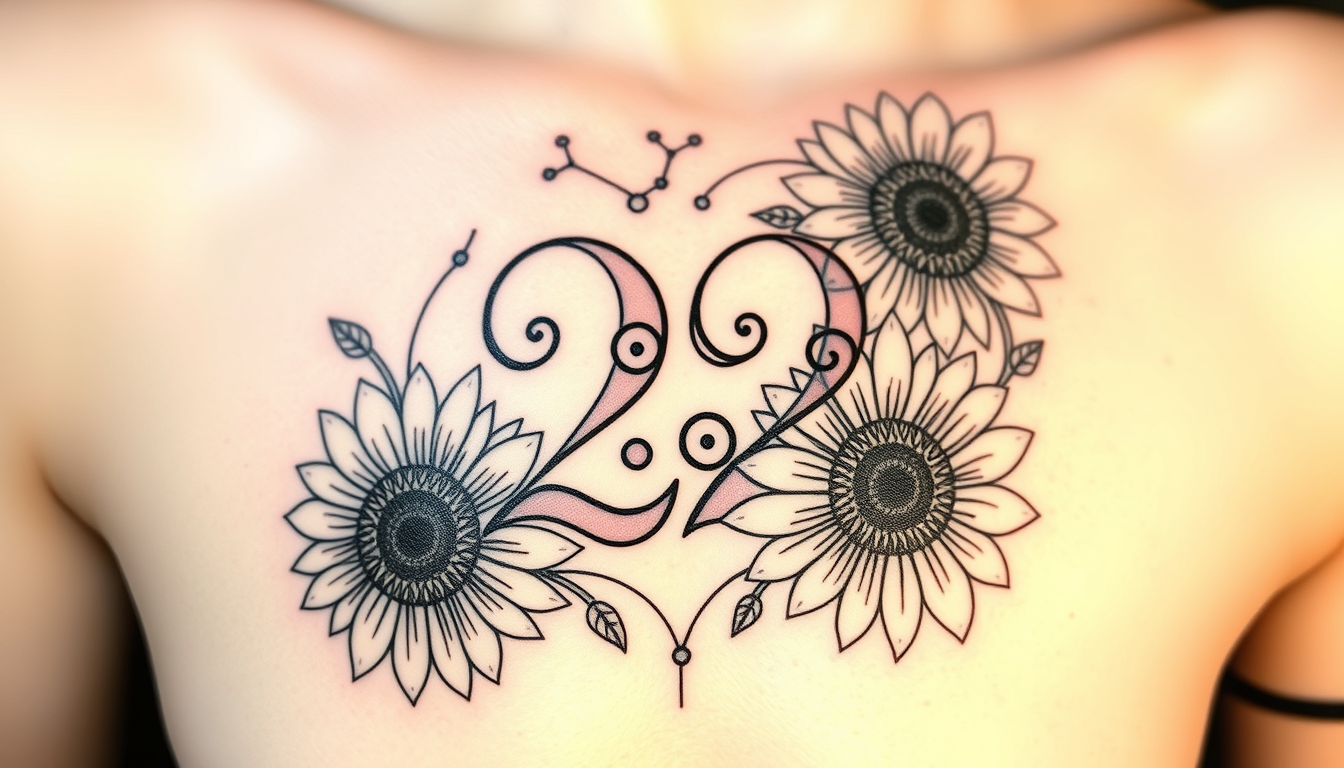 Main art studio: Tattoo design featuring the number “22” as the central focal point, elegantly intertwined with two delicate sunflowers and the Pisces zodiac symbol ♓.