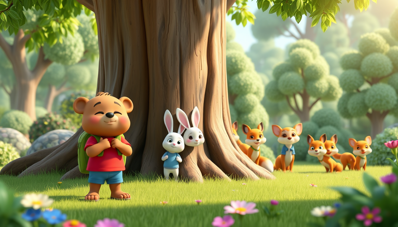 Main art studio: 3D animated children's cartoon. Bruno, a cute brown bear in a red T-shirt, blue shorts, and green backpack, counts with his eyes closed beside a big t