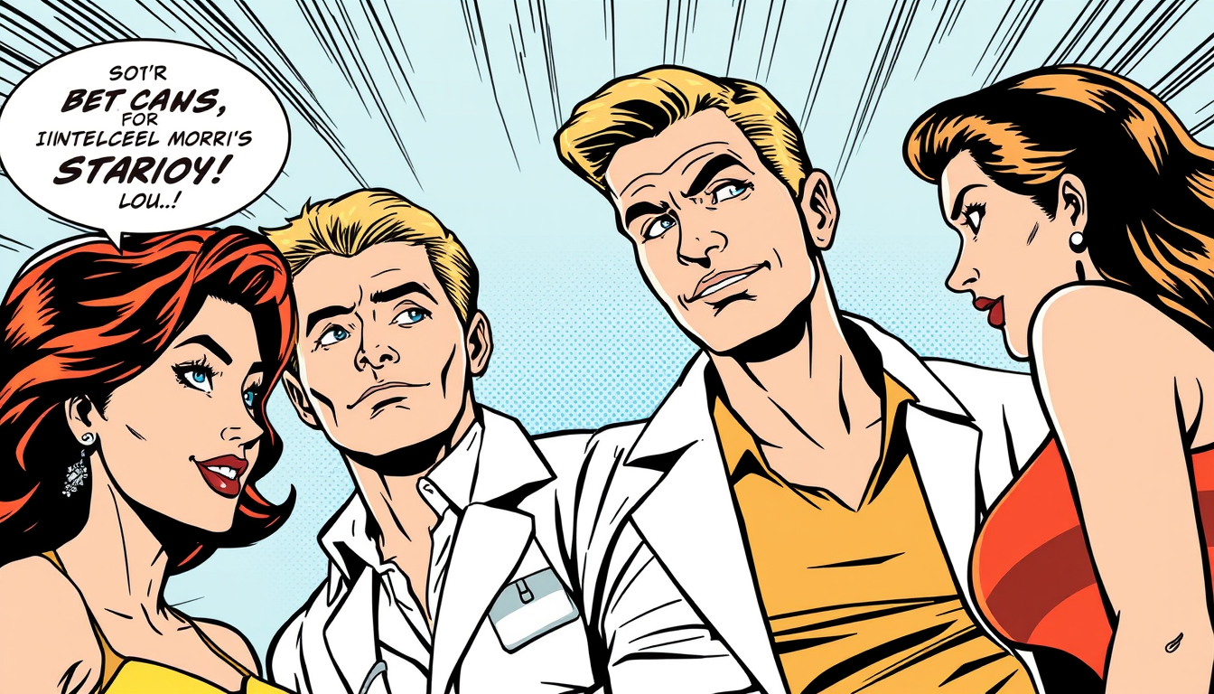 Comic idea: comic panel, bold inks, halftone shading, speech-bubble ready composition, Here is a mature comic book style of Totally Spies staring michael morris t