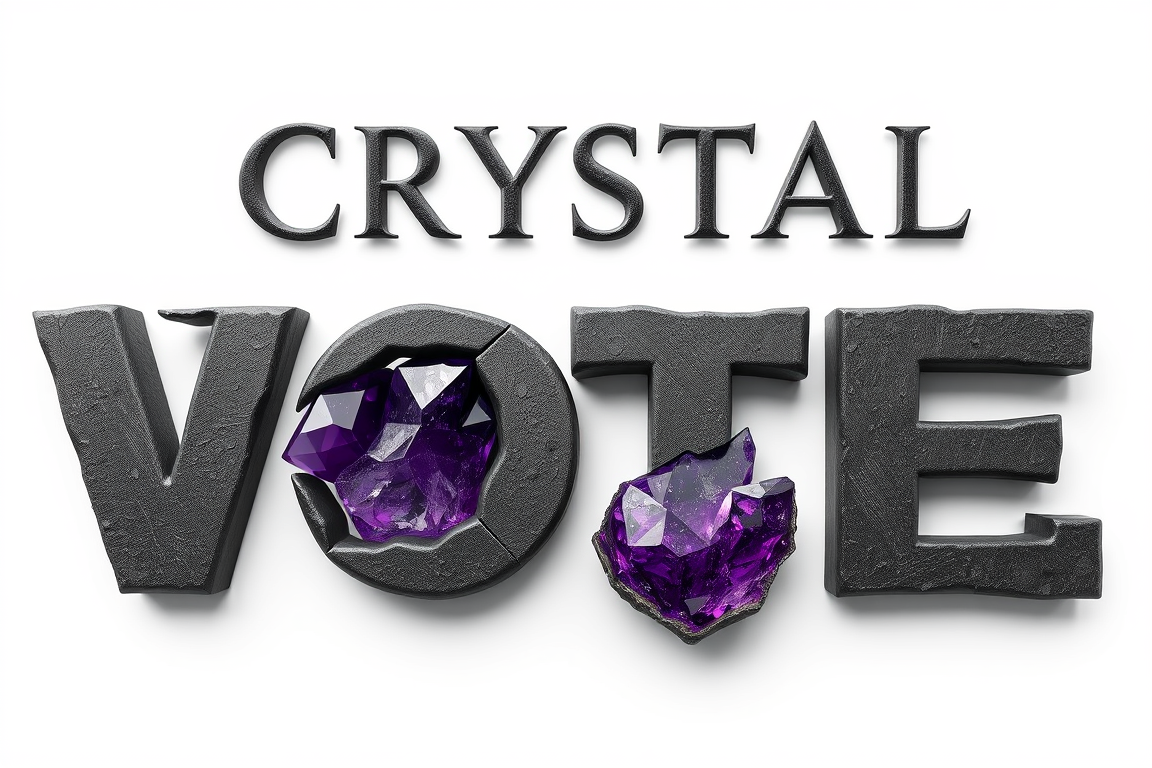 Main art studio: Create a luxury 3D logo: “CRYSTAL” above “VOTE”. Massive black forged-steel letters, rough chipped edges, realistic depth. VOTE shifted clearly to the